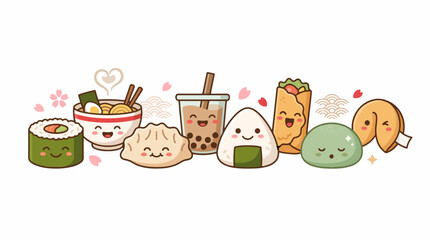 Naklejka premium Cute Cartoon Sushi and Asian Food Characters with Smiling Faces