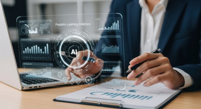 Business professional using advanced artificial intelligence analytics for data-driven strategy and planning on a futuristic interface