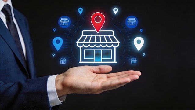 Businessman hand holding glowing store location icon with map pins network, retail shop expansion concept, real estate franchise management, finding best place for business,
