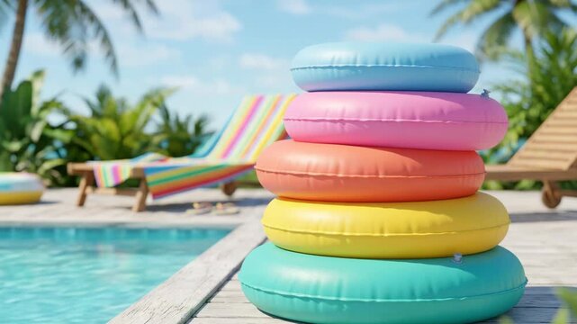 Stack of Colorful Inflatable Swim Rings by Poolside