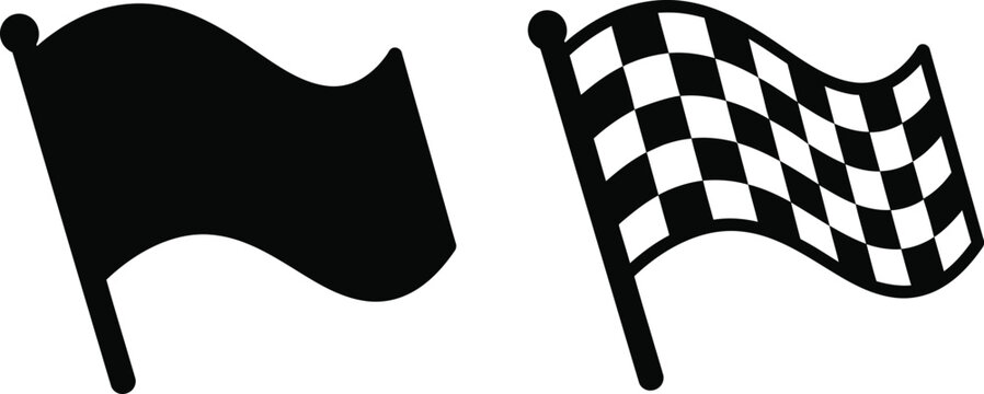 Two waving flags a solid black flag and a checkered racing flag isolated on transparent background