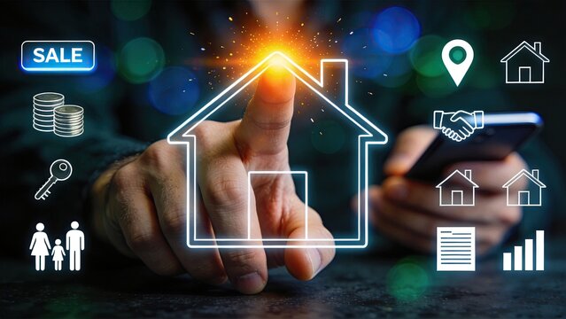 Digital house sale concept with glowing outline on finger, real estate investment icons and smartphone app interface background for property market technology.