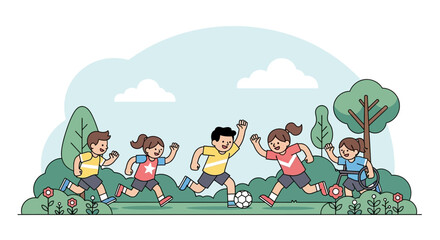Naklejka premium Children Playing Soccer Outdoors.