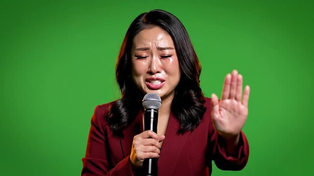Crying Asian Woman Speaker Microphone Green Screen Stop Gesture Emotional Distress Public Speaking