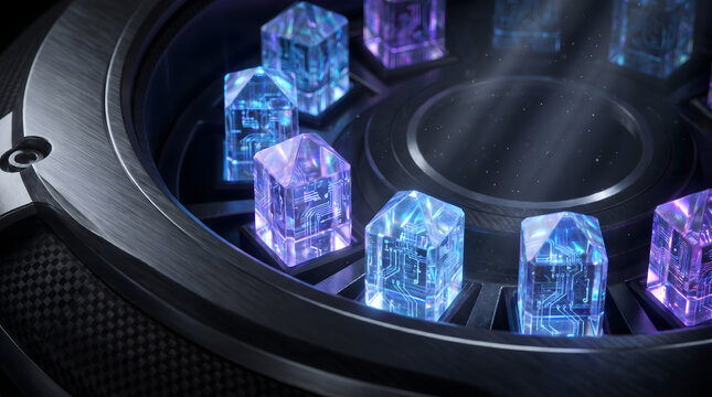 Futuristic machine learning feature store glowing data crystals