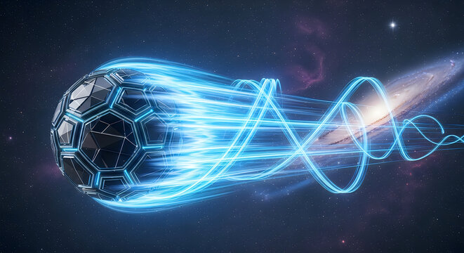 Soccer ball moving through cosmic space with blue energy trail