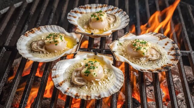 Delicious scallops grilling on an open fire, seasoned with herbs and butter