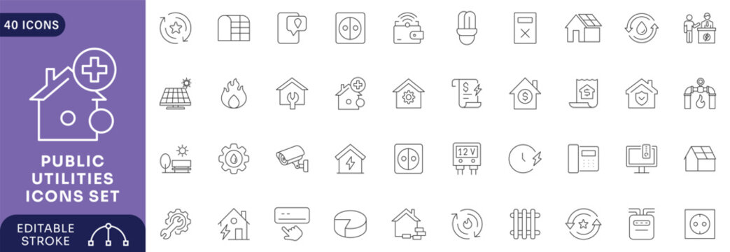 Public utilities icon set. Contains icons related to public utilities, Gas, electricity, water, heating. Editable stroke