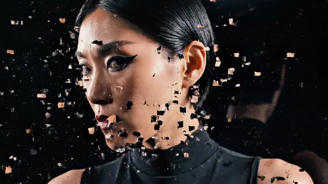 A close-up portrait of a woman with a shattered effect on one side of her face