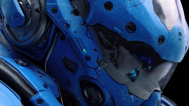 Close up of a futuristic armored figure in shades of blue with mechanical details