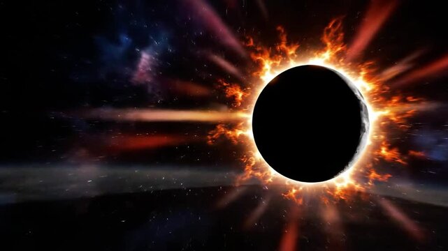 A large dark asteroid hurtles towards a planet with a bright sun in the background