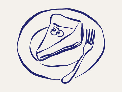 A piece of cheesecake on a plate. in vintage doodles and retro vector illustration.