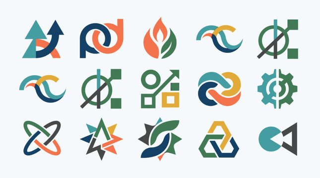 Collection of abstract geometric logos and icons representing business, technology, and innovation concepts.