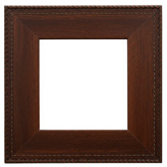 Fototapeta premium Ornate dark wood picture frame with rope edge and stitched inner detail isolated on white background