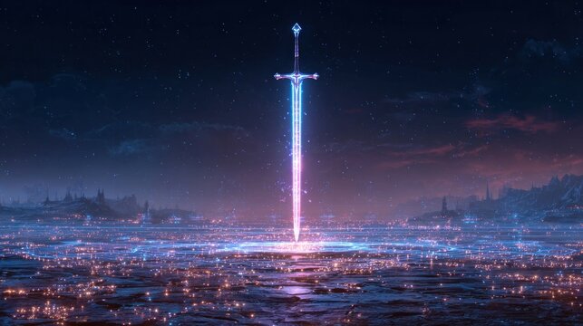 Glowing sword standing upright in fantasy landscape night sky illustration