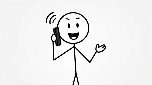 Stick figure man talking on a smartphone animation sequence