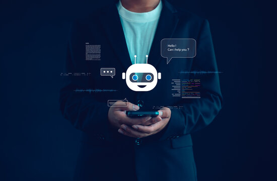 AI chatbot assistant concept with humanoid robot interface on smartphone, customer support automation, virtual communication, machine learning and digital technology service.