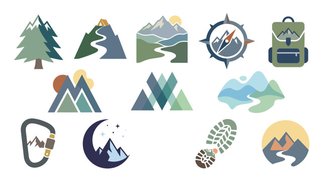 Collection of stylized mountain and outdoor adventure icons, including a compass, backpack, and footprint.