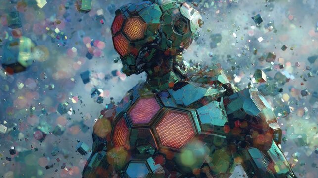Abstract figure composed of geometric shapes in a vibrant digital artwork