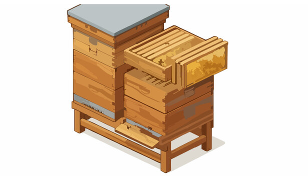 Isometric wooden beehive with honeycomb frames for professional beekeeping vector illustration