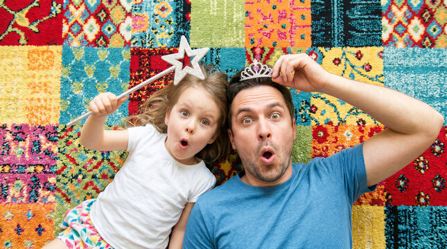 A father and daughter lying on a colorful patchwork rug, making funny surprised faces while playing with a toy wand and a princess tiara