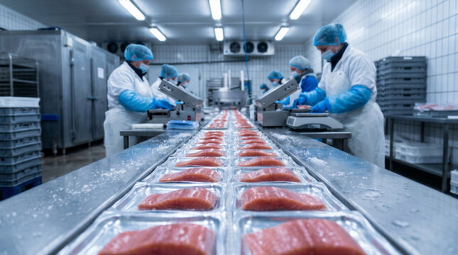 Workers in protective gear processing fresh salmon fillets on a conveyor belt in a modern food production factory