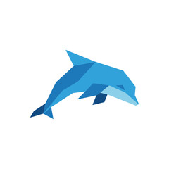 Obraz premium Geometric blue dolphin leaping on a white background