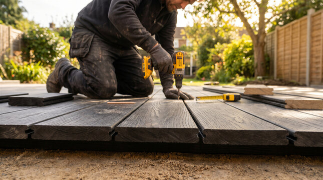 Professional carpenter installing dark wooden decking boards in a garden, using a power drill to secure planks on a sunny day