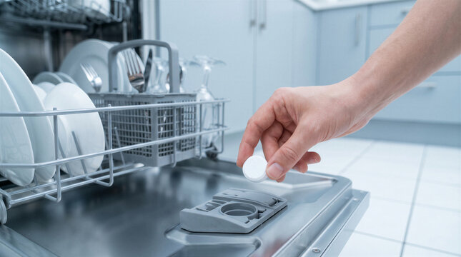 Closeup of a persons hand placing a dishwasher detergent tablet into the dispenser tray of a modern dishwasher in a kitchen