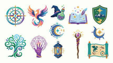 Collection of magical fantasy icons including a phoenix, wizard hat, spellbook, compass, and mystical tree. © tr