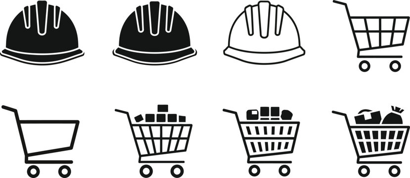 Construction helmet and shopping cart icons collection in modern outline and silhouette vector illustration styleConstruction helmet and shopping cart icons collection in modern outline and silhouette