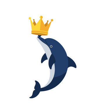 Blue dolphin balancing a golden crown on its snout