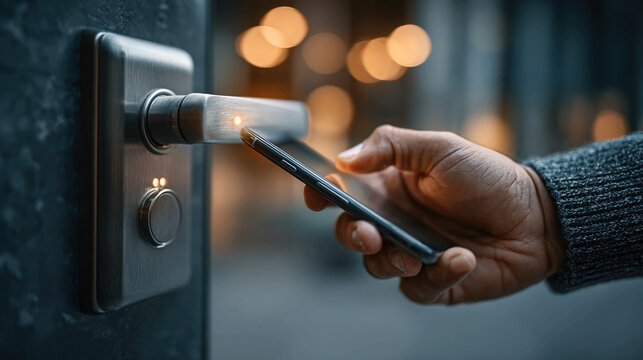 hand using smartphone to open modern digital door lock system, smart building access, mobile authentication, cybersecurity protection, identity verification, and tech innovation concept,