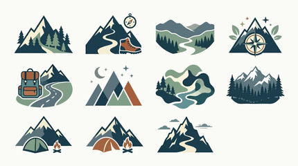 Collection of stylized mountain landscape illustrations with camping and adventure themes. © tr