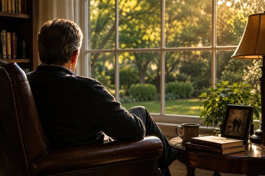 Grieving Man Sitting Alone by Window Looking Out at Garden After Loss of Loved One