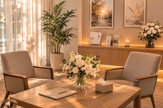 Funeral Home Consultation Room with White Flowers and Warm Light for Family Support