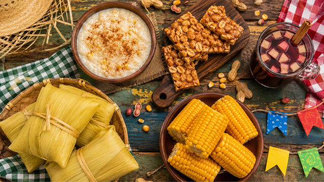 Traditional Brazilian Festa Junina Food Spread on Rustic Wooden Table