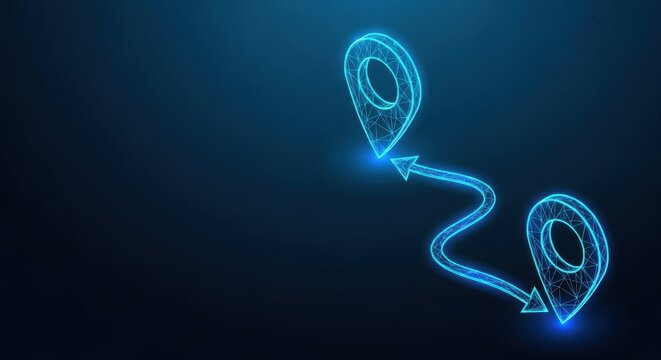 Glowing blue digital map pin with a winding route path against a dark background, representing navigation and destination.