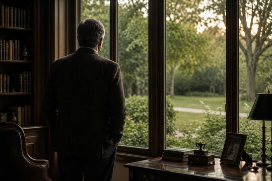 Widower Standing by Window Remembering Dead Wife in Quiet Study