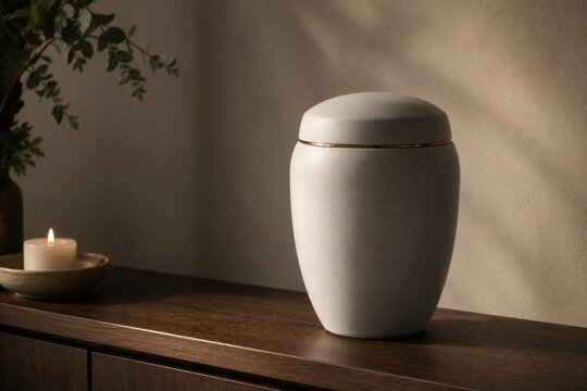 Cremation Urn with Candle on Wooden Shelf After Funeral Service