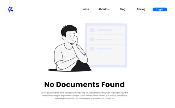 No Documents Found Illustration. Bored Man Resting Chin on Hand Next to Empty Document List