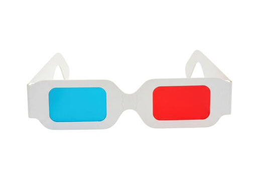 Classic vintage anaglyph 3d glasses with cyan-blue and scarlet lenses on a transparent high-key background, product still life, sharp macro detail. Concept of pop culture nostalgia