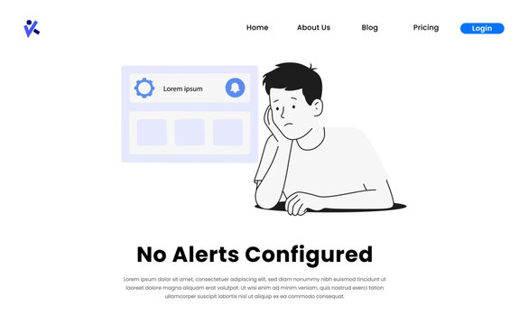 No Alerts Configured Illustration. Bored Man Leaning on Hand Next to Empty Settings Panel