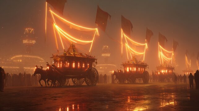 Historical procession with ornate carriages horses and crowds at dusk