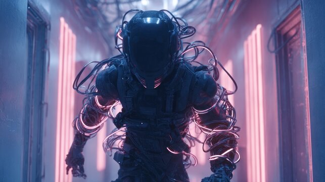 Dark figure in futuristic corridor with neon lights concept art