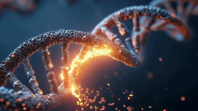 The video shows DNA strands in motion with bright light effects. The focus is on the details of the strands and the flow of particles around them.