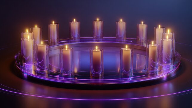 Lit candles in glass holders forming a circular arrangement with a glowing effect