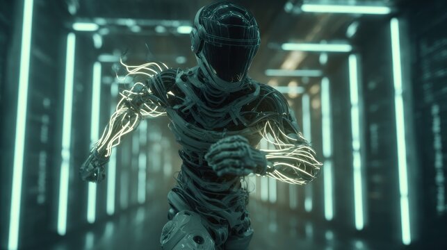 Futuristic cyborg figure running through a neon lit corridor digital art