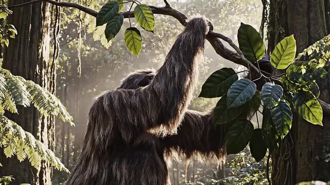 A mystical creature, resembling a Bigfoot, with shaggy brown fur and long arms, reaches out to pluck leaves from a lush green branch in a sun-dappled, ancient forest.
