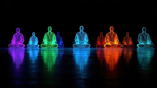 Meditating figures glowing in various colors on a reflective surface